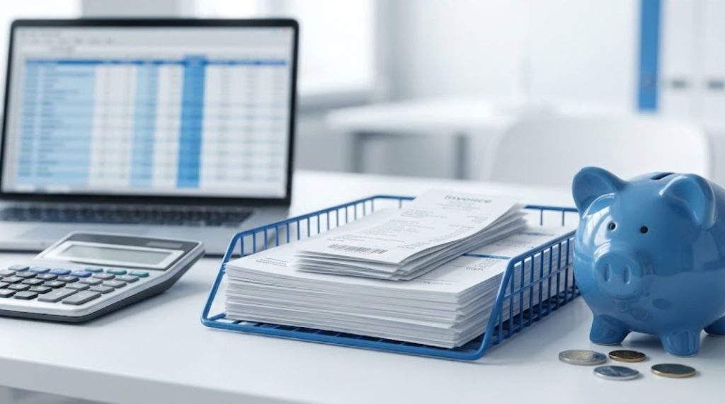 Mesa de oficina con computadora portátil, calculadora, facturas organizadas, hucha azul y monedas, representando gestión financiera.