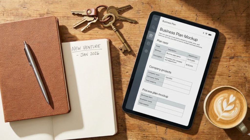 Mesa de trabajo con libreta, tablet mostrando planificación empresarial y una taza de café