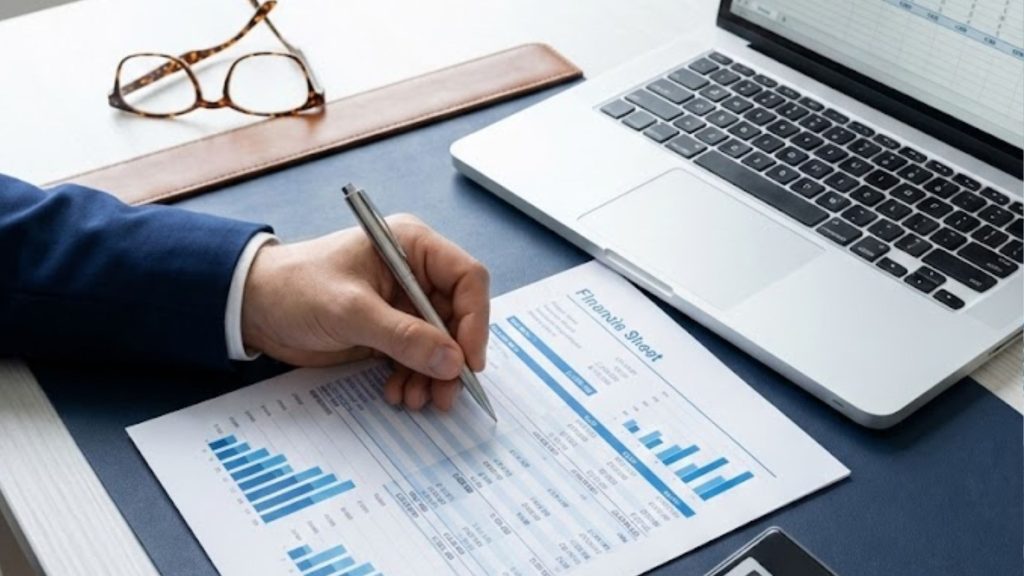 Hombre revisando gráficos financieros junto a un portátil con hojas de cálculo