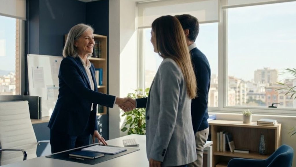 Reunión de negocios con apretón de manos entre tres personas en oficina moderna con vista a la ciudad