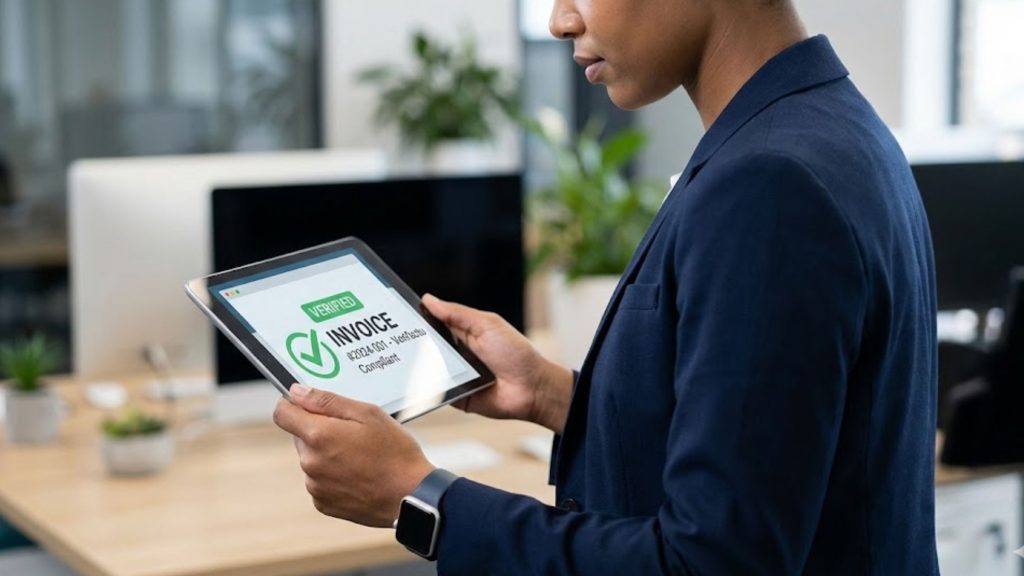 Persona verificando factura electrónica en una tablet en una oficina moderna.