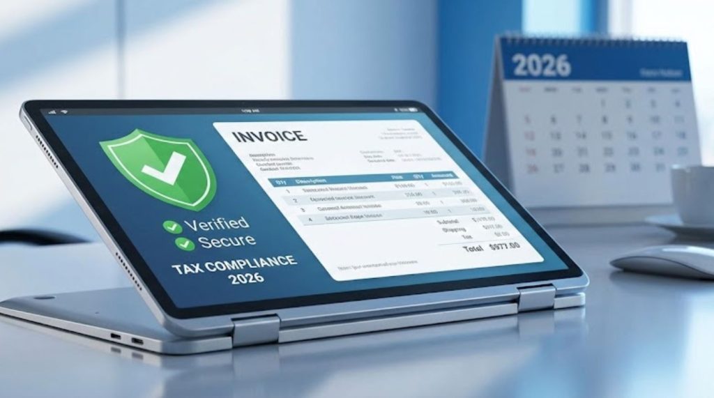 Imagen de una factura digital en una laptop, destacando verificación y seguridad para cumplimiento fiscal 2026.